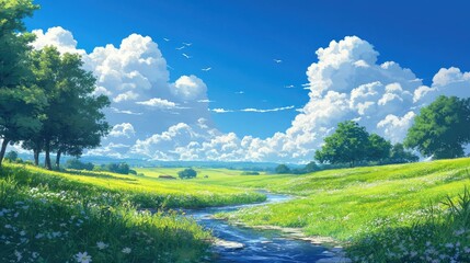 Tranquil anime background of a meandering stream, lush fields, and soft clouds in a vivid blue sky