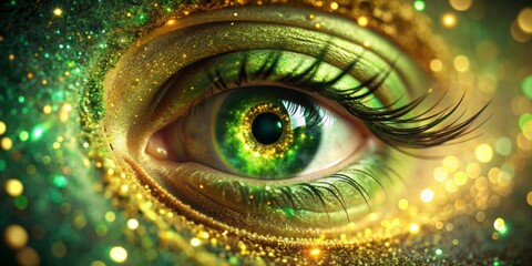 Vibrant green eye orbits in a swirl of golden glitter, suspended in a dreamlike space, shimmering with an otherworldly aura of mystery and enchantment.