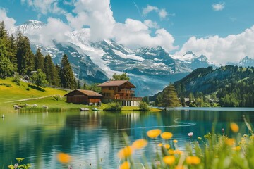 Obraz premium Colorful nature, a house against the backdrop of mountains and a lake on a bright sunny day