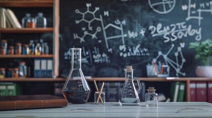 Black chalkboard inscribed with scientific formulas. Abstract, Desk, back to school theme