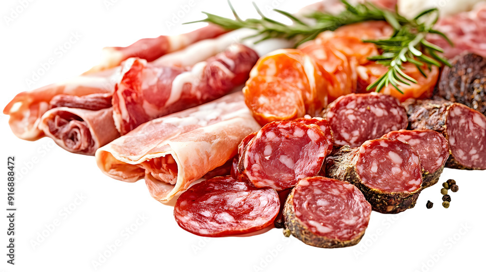 Poster assorted raw meats isolated on a white background with full depth of field, detailed texture