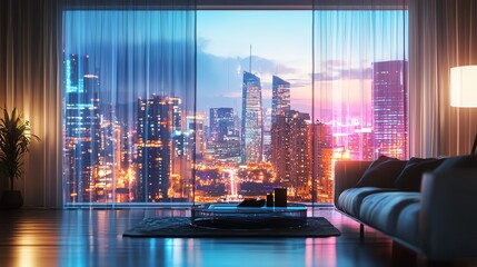 A cozy living room with modern decor, showcasing a breathtaking city skyline through large glass windows at dusk.
