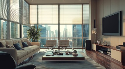 Obraz premium A modern living room with panoramic city views, featuring sleek furniture, warm lighting, and a stylish atmosphere.