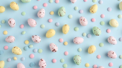 easter mini eggs in light pastel colors scattered on a pale blue background