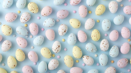 easter mini eggs in light pastel colors scattered on a pale blue background