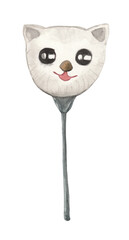 A watercolor illustration of a balloon shaped like a cat's head, painted in soft pastel colors. This whimsical balloon features adorable cat-like details, making it perfect for children's themes