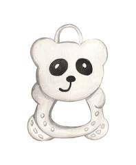 Watercolor illustration of a panda-shaped rattle toy with a hand-grasping hole, featuring soft pastel colors. Ideal for nursery decor, children's themes, and baby-related designs.