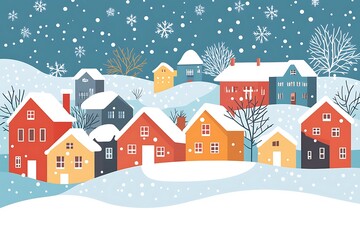 Snowy Village Landscape with Colorful Houses