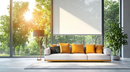 Bright living room with modern sofa and large windows, showcasing nature and sunlight for a serene atmosphere.