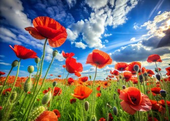 Obraz premium Vibrant red poppy flowers sway gently in the breeze, filling a lush green meadow under a brilliant blue sky with fluffy white clouds.
