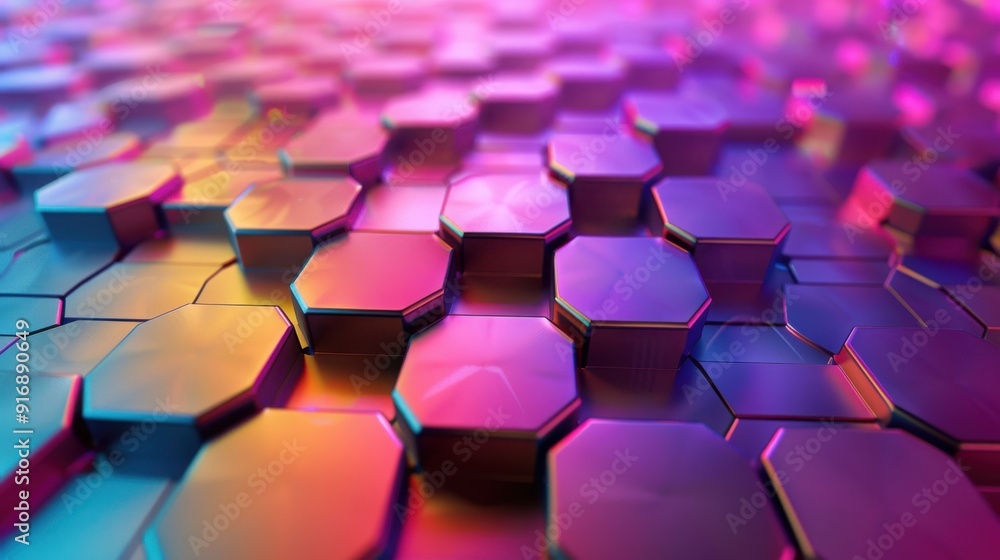 Poster a close-up view of colorful hexagonal patterns with vibrant lighting, showcasing a modern abstract d