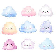 Whimsical Watercolor of Adorable Kawaii Clouds with Cute Faces and Expressions