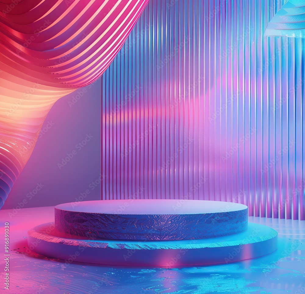 Poster a vibrant, abstract studio space featuring colorful light patterns and a circular platform, perfect 