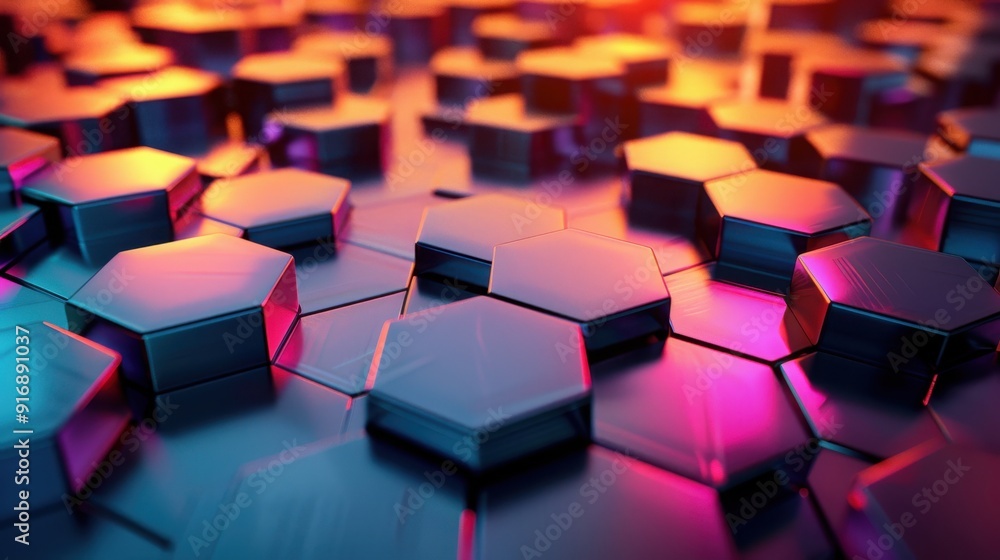 Poster abstract hexagonal pattern with vibrant neon colors and reflective surfaces, creating a sci-fi atmos