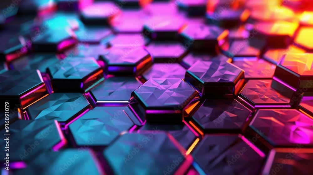 Poster a vibrant, abstract close-up of hexagonal patterns reflecting colorful light, showcasing a modern de