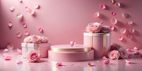 Elegant pink product podium on a solid background, surrounded by falling rose petals, showcasing luxury premium beauty, fashion, and cosmetic gift stand presentation for Valentine's Day.