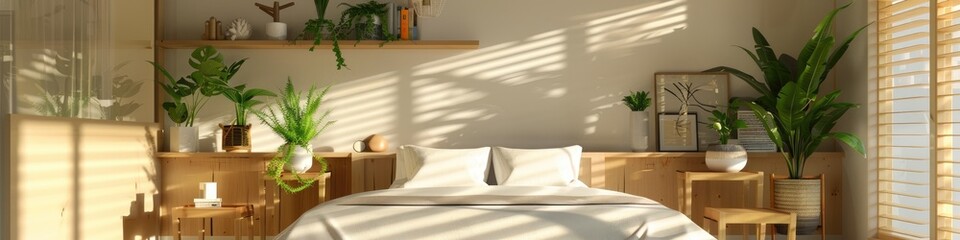 Botanical bedroom interior with wooden shelves tables double bed plants and empty wall next to a window with blinds and space for artwork