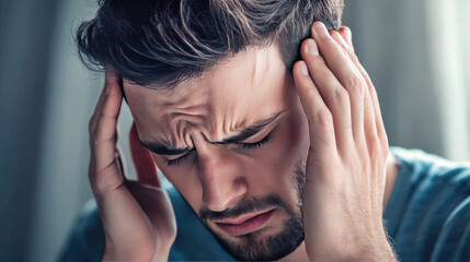 Fototapeta premium Man Holding His Head Due to Intense Headache or Stress