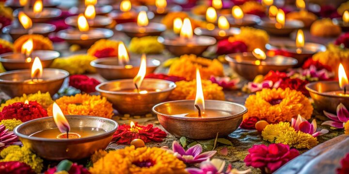 Softly glowing candles surround vibrant flowers in pots, amidst gently falling petals, creating a serene and spiritual atmosphere for Guru Purnima evening worship.
