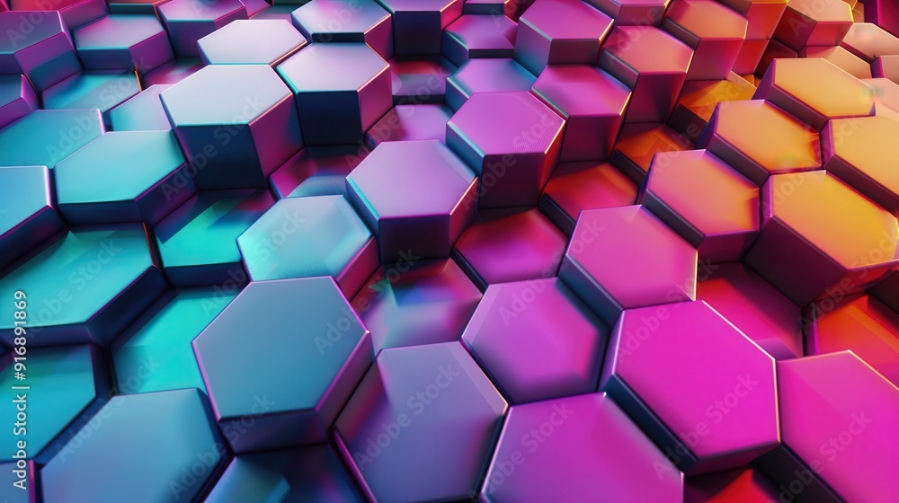 Poster a vibrant hexagonal pattern showcasing a blend of colors, creating an abstract and modern digital te