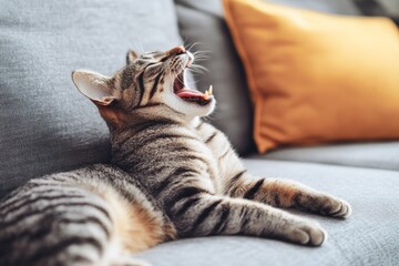 tabby cat yawning on a soft grey sofa with a bright yellow pillow in background