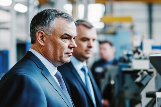 senior executives inspecting operations during a factory visit, highlighting leadership and industrial management