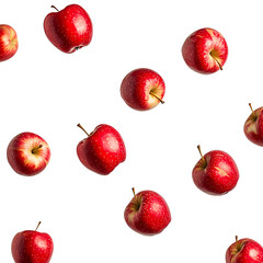 A vibrant collection of red apples scattered on a black background, showcasing their glossy skin and fresh appeal.