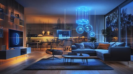 Modern living room featuring smart technology and a cozy atmosphere with stylish furniture and vibrant lighting.