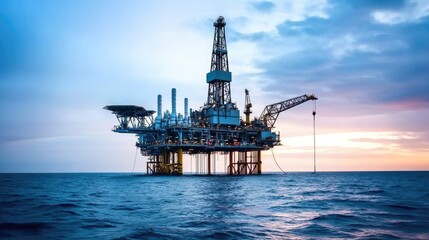 An oil rig stands tall in the ocean as the sun sets, casting beautiful colors across the sky and creating a striking silhouette against the tranquil waters