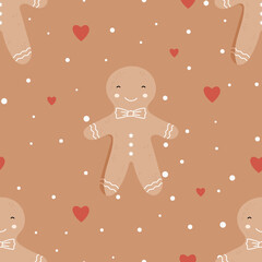 Cute Gingerbread man seamless pattern in Scandinavian style. Vector Background for designs of wrapping paper, covers, fabric, textiles. greeting cards. Concept of Christmas and New Year