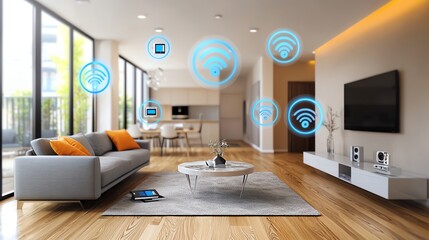 Modern living room showcasing smart technology with Wi-Fi symbols, featuring stylish furniture and a cozy atmosphere.