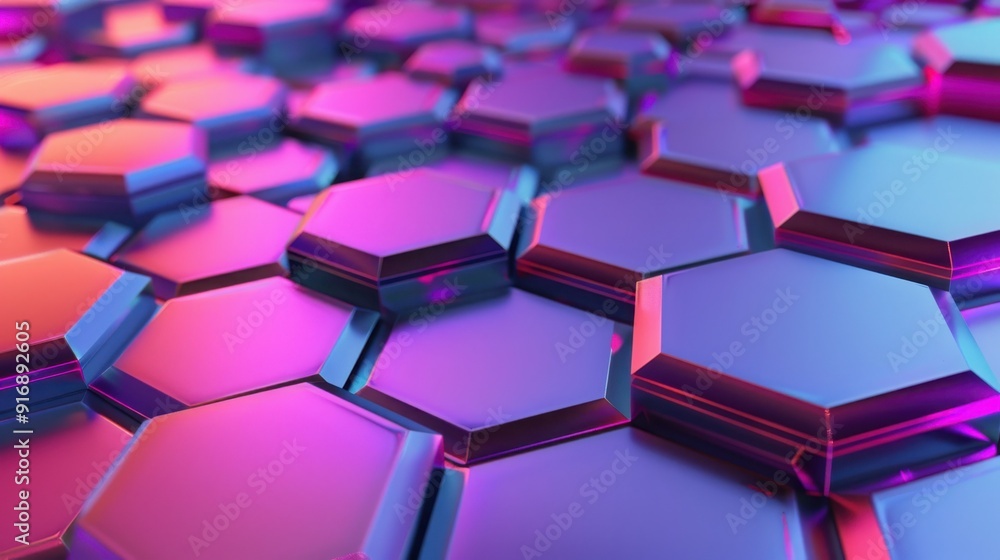 Poster a vibrant pattern of hexagonal shapes with reflective surfaces in striking purple and blue hues, cre