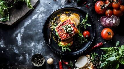 An appetizing plate of baked dish topped with herbs, tomatoes, and spices, showcasing vibrant colors and fresh ingredients.