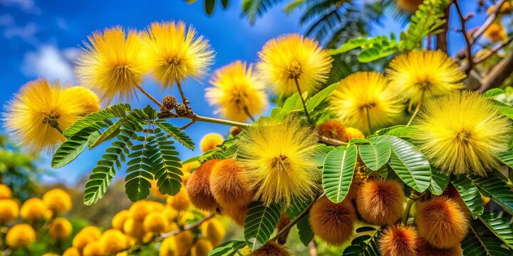Vibrant yellow pods of Albizia Lebbeck tree burst open, releasing numerous seeds that gently fall to the ground, creating a natural carpet of golden hues.