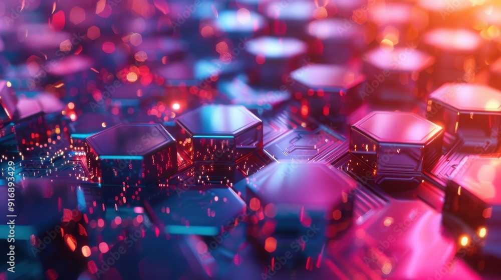 Poster futuristic close-up of hexagonal structures with vibrant colors and glowing elements, perfect for te