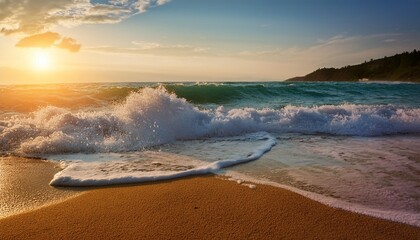 waves crashing onto a sandy beach at sunset