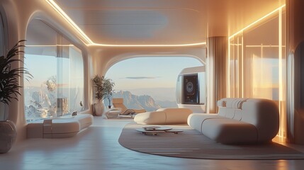 Fototapeta premium Modern living room with panoramic views, featuring minimalist design, soft lighting, and stylish furniture for a serene atmosphere.