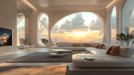 Modern living room with panoramic windows showcasing a vibrant sunset, featuring minimalist furniture and a serene atmosphere.