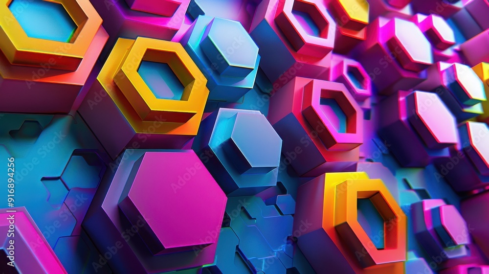 Poster vibrant abstract geometric design with colorful hexagons, creating a dynamic and modern visual exper