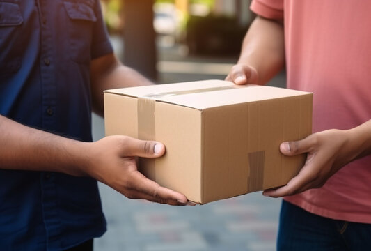 Delivery man delivering holding parcel cardboard box to customer