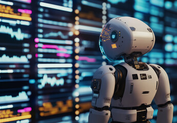 Fototapeta premium Futuristic Trading: Crypto Robot Analyzing Forex Charts