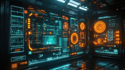 Obraz premium Futuristic Sci-Fi Command Center with Glowing Holographic Interfaces