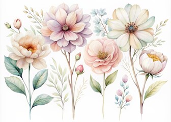 Delicate, hand-painted watercolor flowers in soft pastel hues, featuring four unique blooms with intricate details and gentle petal textures, isolated on a crisp white background.