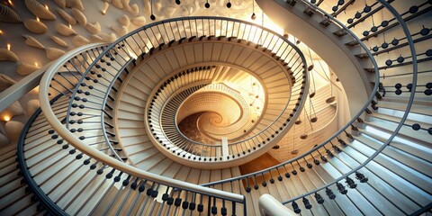 Whimsical spiral staircase composed of piano keys ascends amidst delicate music notes floating gently, like petals, in a soft, serene, and dreamy atmosphere.
