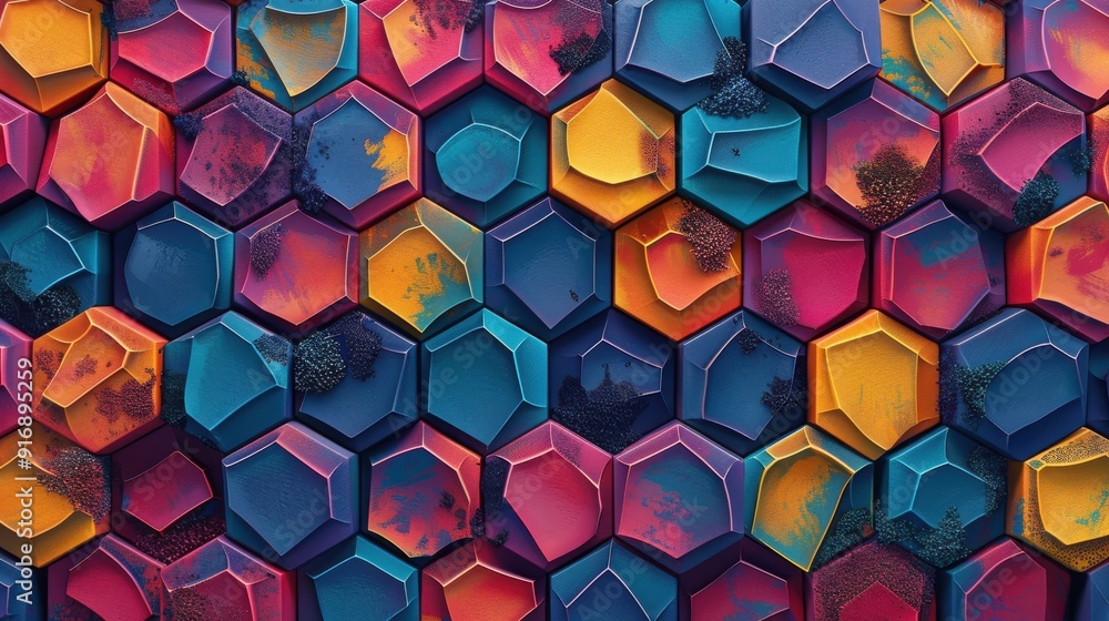 Poster vibrant hexagonal patterns in various colors create a striking visual effect, perfect for modern des