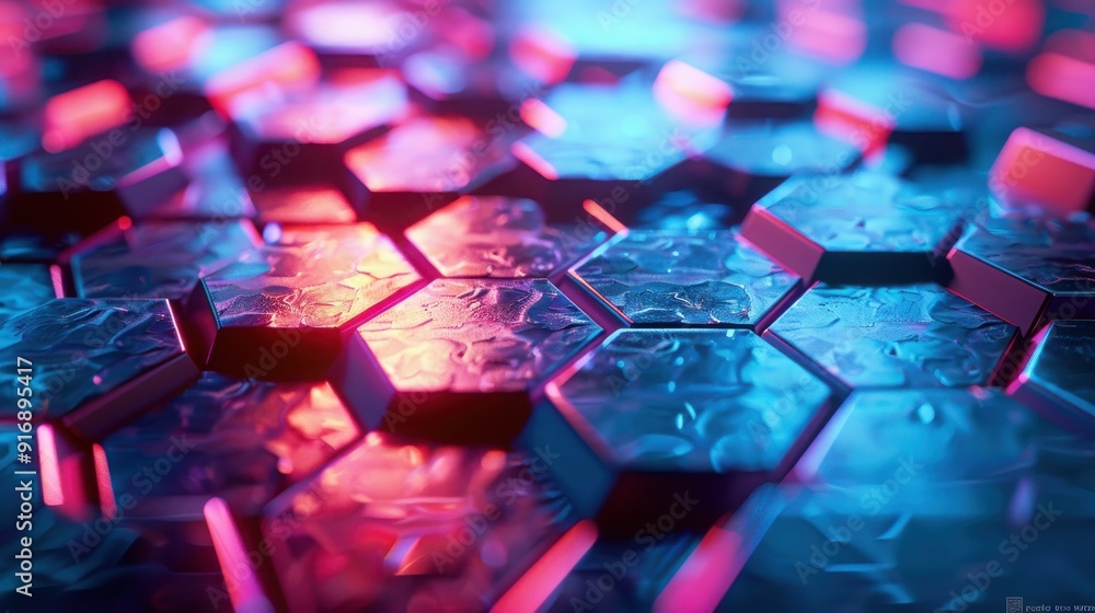 Poster vibrant hexagonal patterns with glowing neon reflections, creating a futuristic and dynamic backdrop
