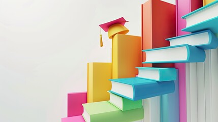 colorful books and graduation cap on white background, book creating stairway shape