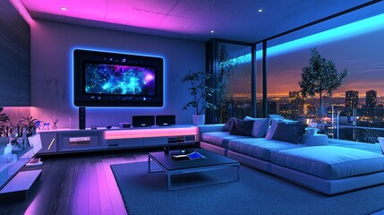Modern living room with vibrant neon lights, stylish furniture, and a stunning city view. Perfect for relaxation and entertainment.