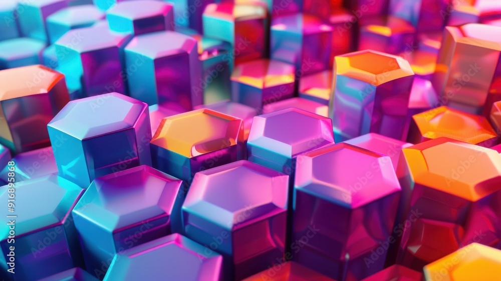 Poster vibrant hexagonal shapes with a glossy finish create an abstract, colorful background in shades of p