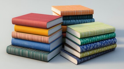 Stack of colorful hardback books on a white background.
